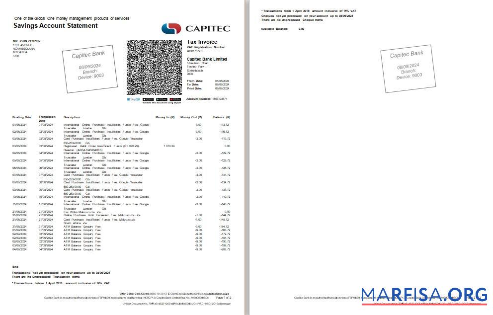 Blank South Africa Capitec bank statement word 2 pages real example